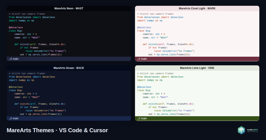 Four MareArts themes in VS Code: Neon, Coral Light, Ocean and Lime Light