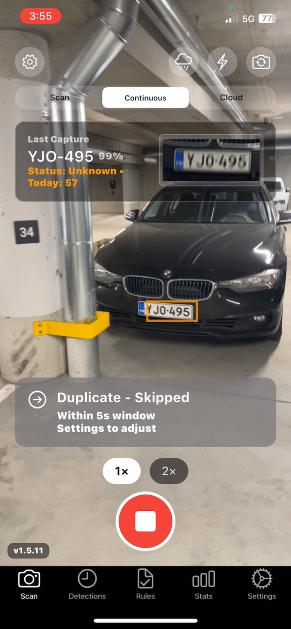 MareArts ANPR app live scan with plate box, crop, and 99 percent confidence