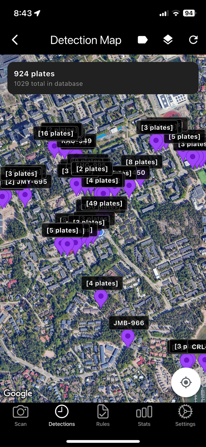 MareArts ANPR detection map with GPS clusters and plate labels on satellite view