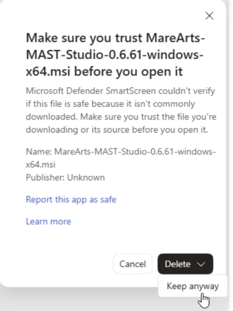 Edge download warning for the MAST installer, with Keep anyway chosen under the Delete arrow