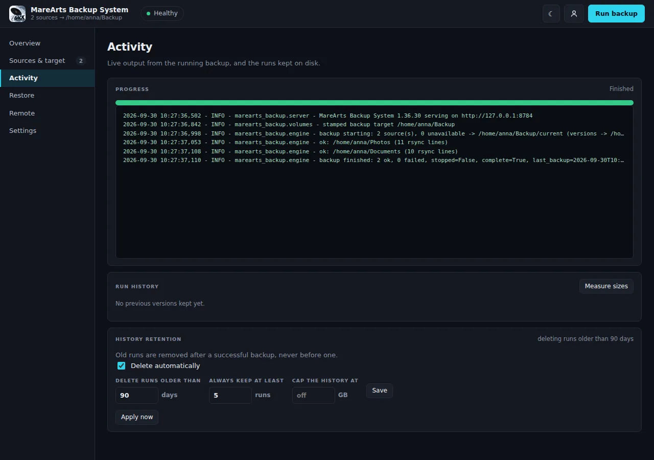 Activity: the live log, and how long past runs are kept