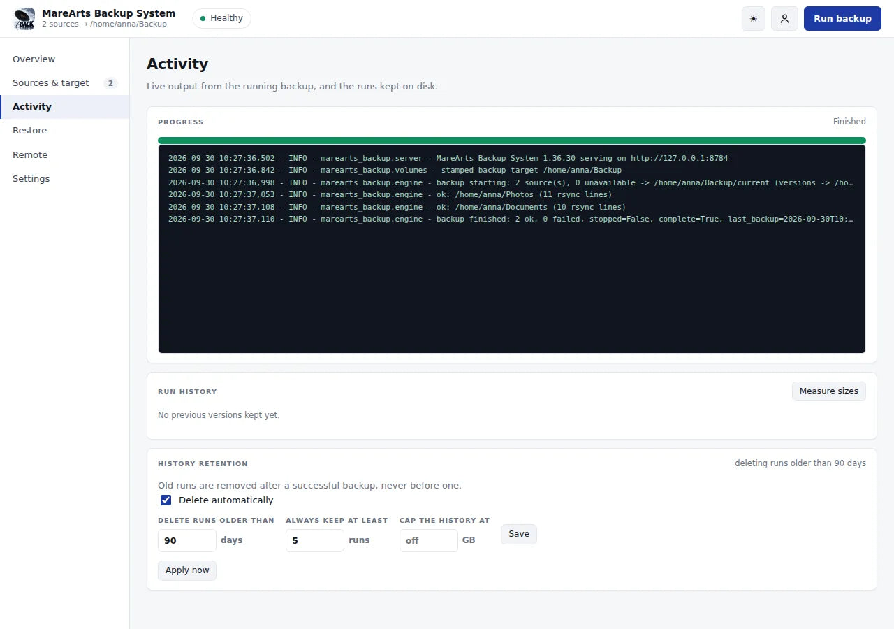 Activity: the live log, and how long past runs are kept