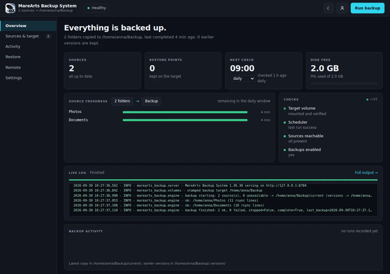 Overview: folders up to date, the next check, free space, and the live log