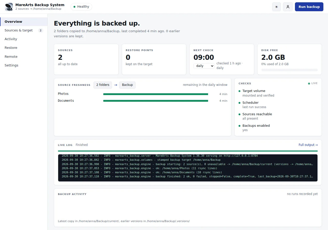 Overview: folders up to date, the next check, free space, and the live log