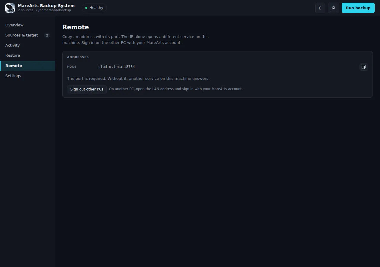 Remote: the address another PC uses, and a button to sign other PCs out