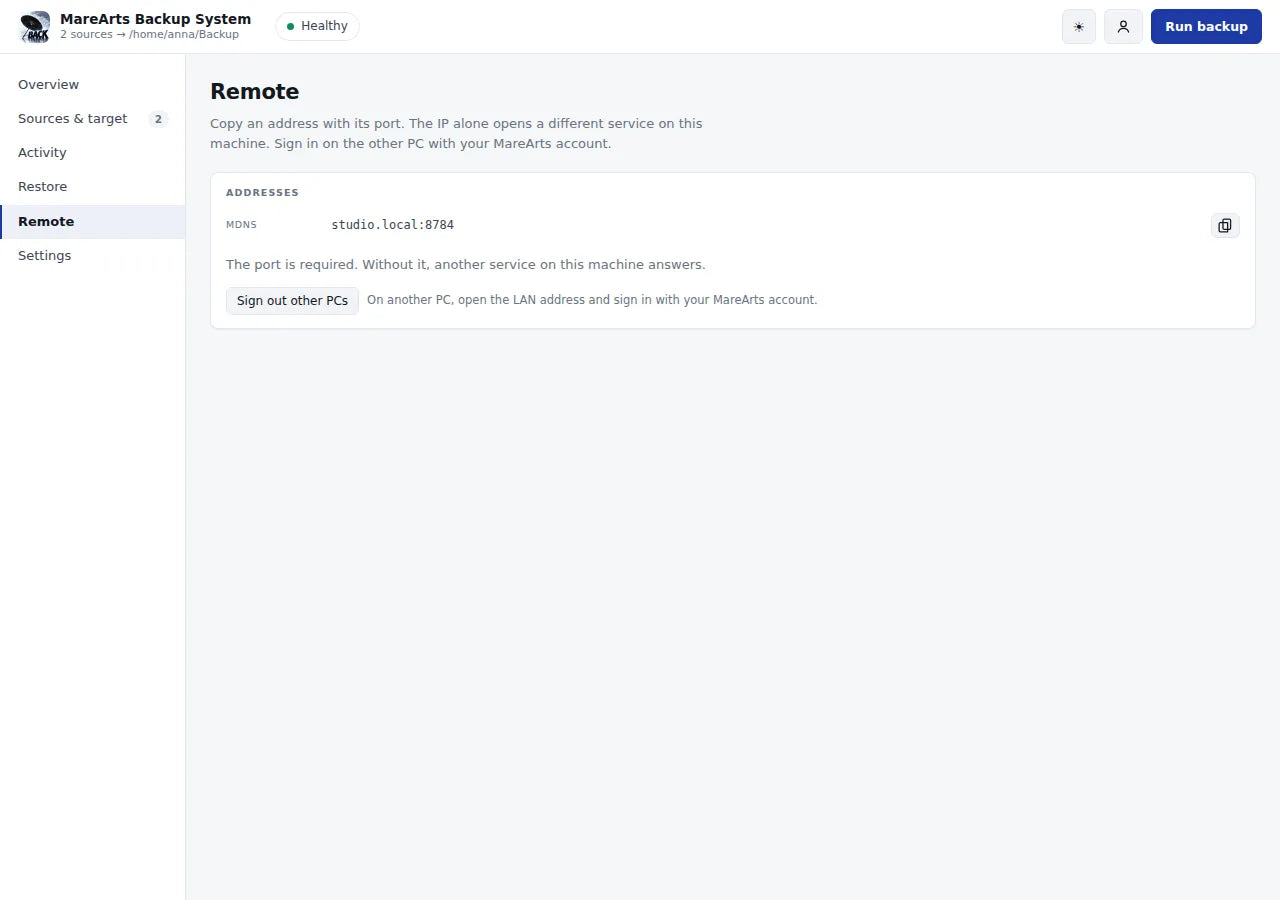 Remote: the address another PC uses, and a button to sign other PCs out