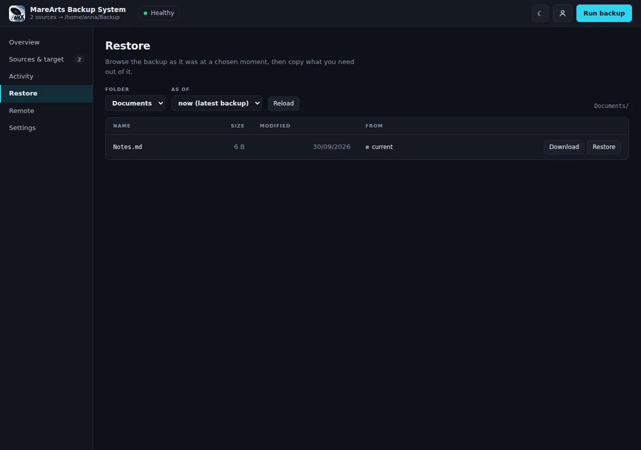 Restore: Documents as of the latest backup, with Notes.md listed
