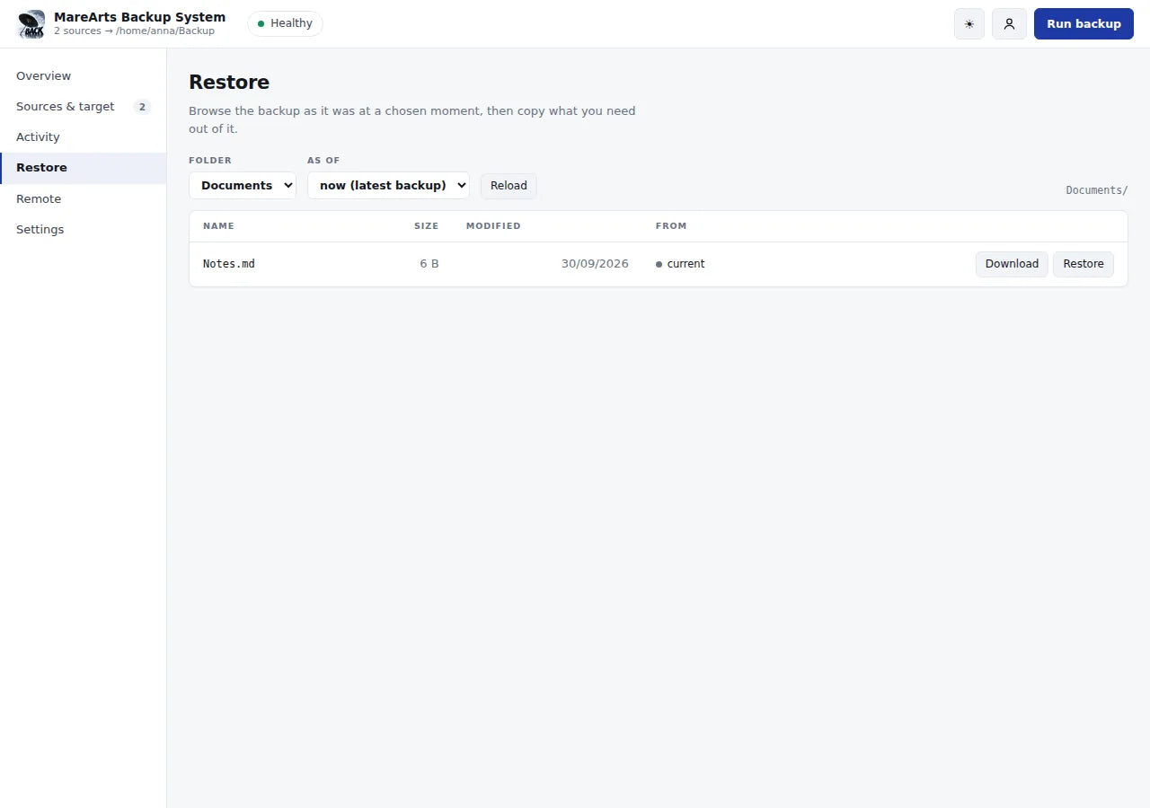 Restore: Documents as of the latest backup, with Notes.md listed
