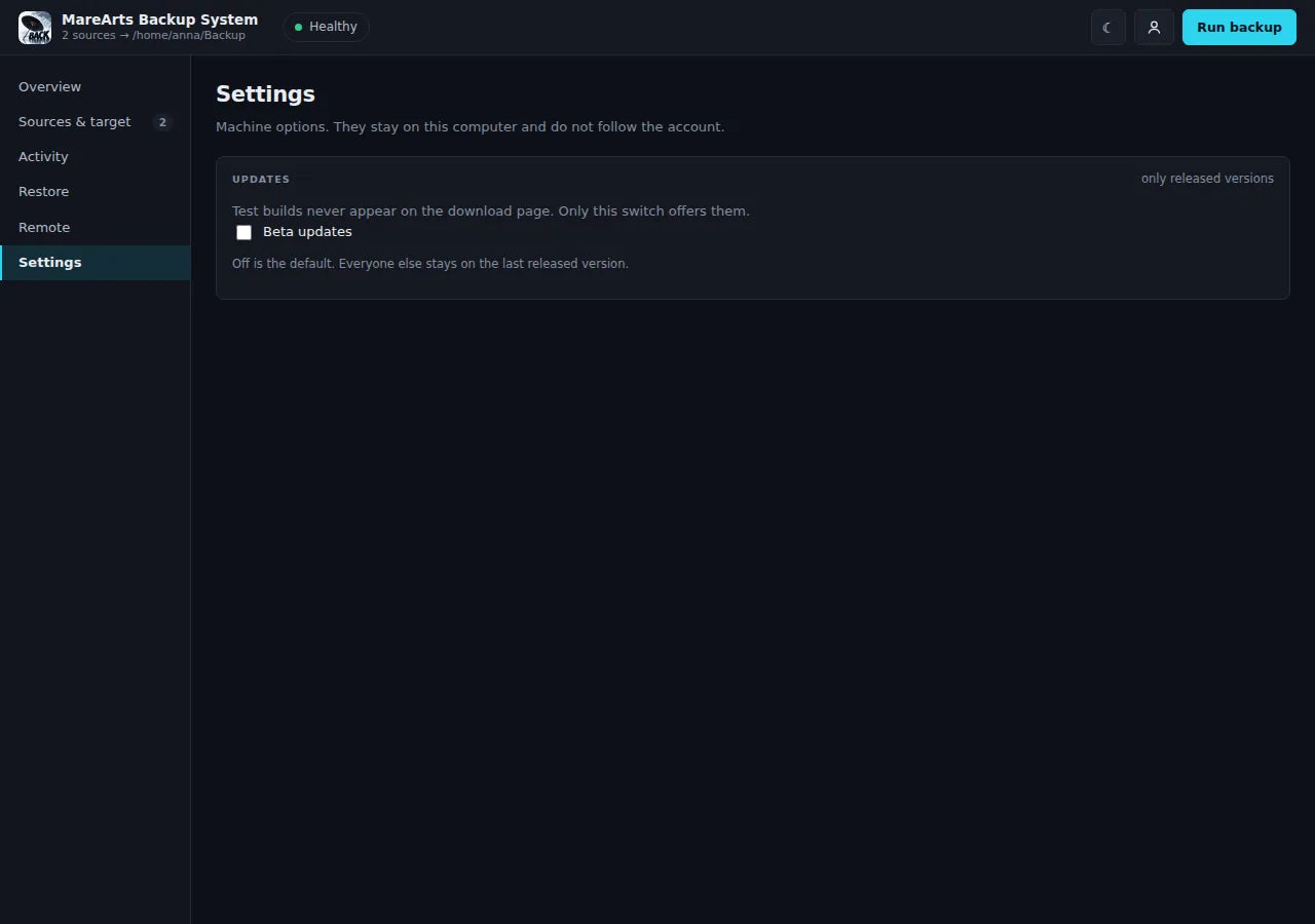 Settings: the Beta updates switch, off