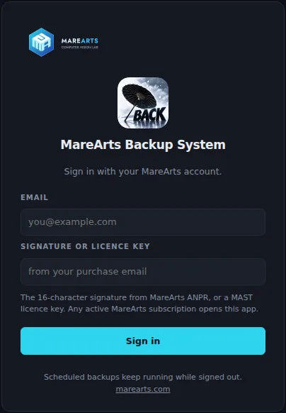 Sign-in card: email and the signature or licence key from the purchase mail