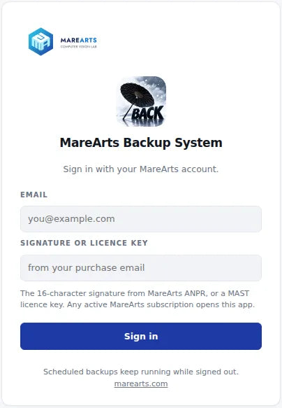 Sign-in card: email and the signature or licence key from the purchase mail