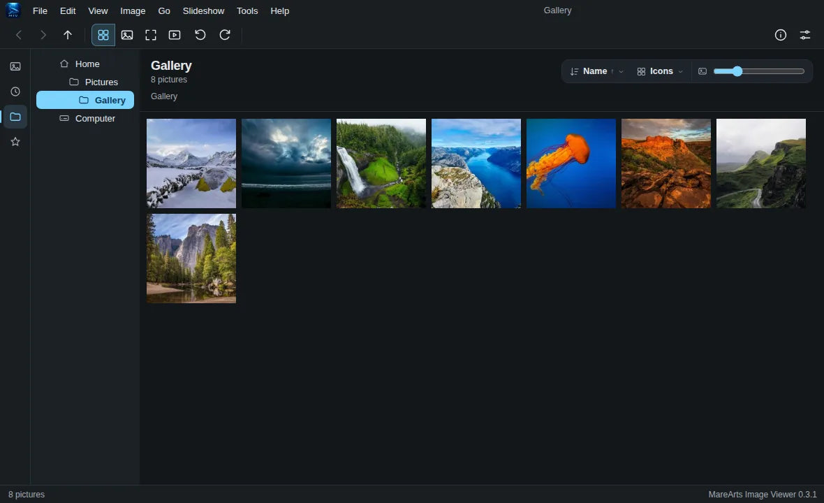 A folder of pictures as icons, with Home and Pictures in the column on the left