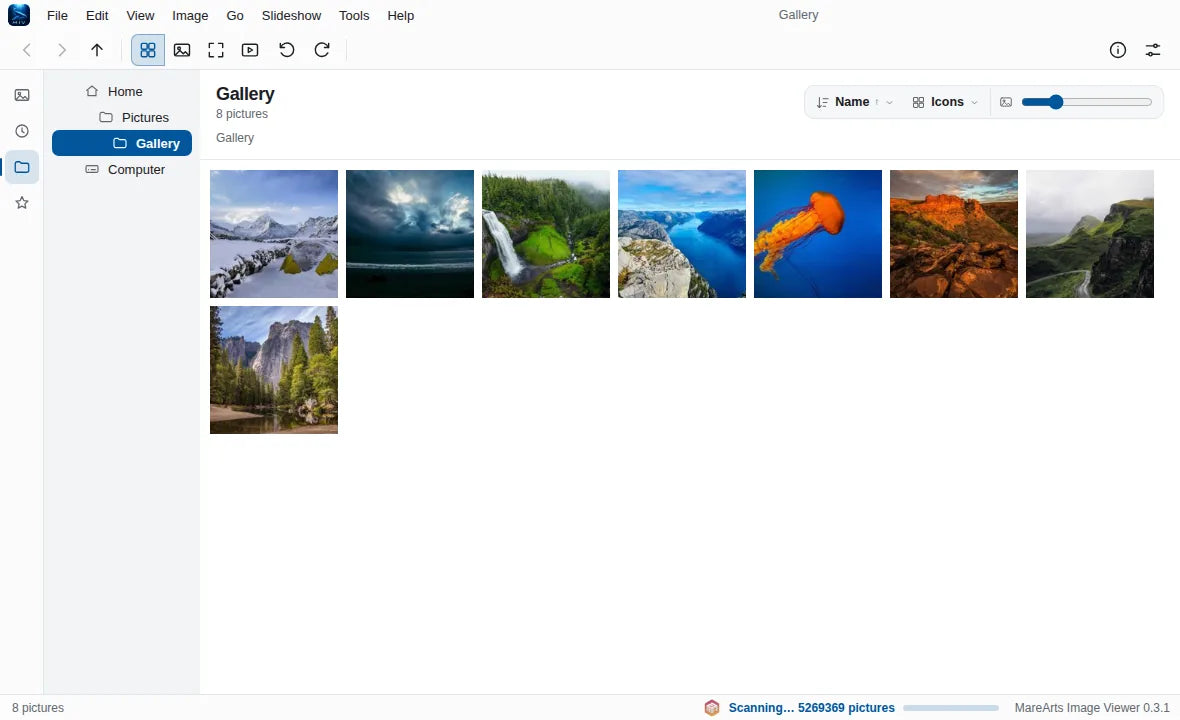 A folder of pictures as icons, with Home and Pictures in the column on the left