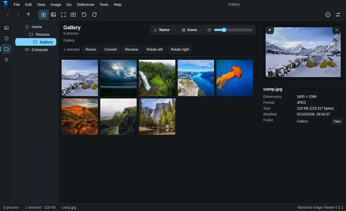 One picture selected, with a star and Resize, Convert, Rename and Rotate