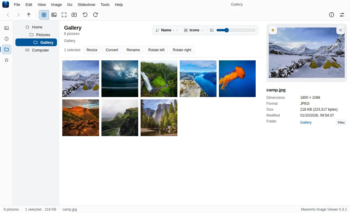 One picture selected, with a star and Resize, Convert, Rename and Rotate