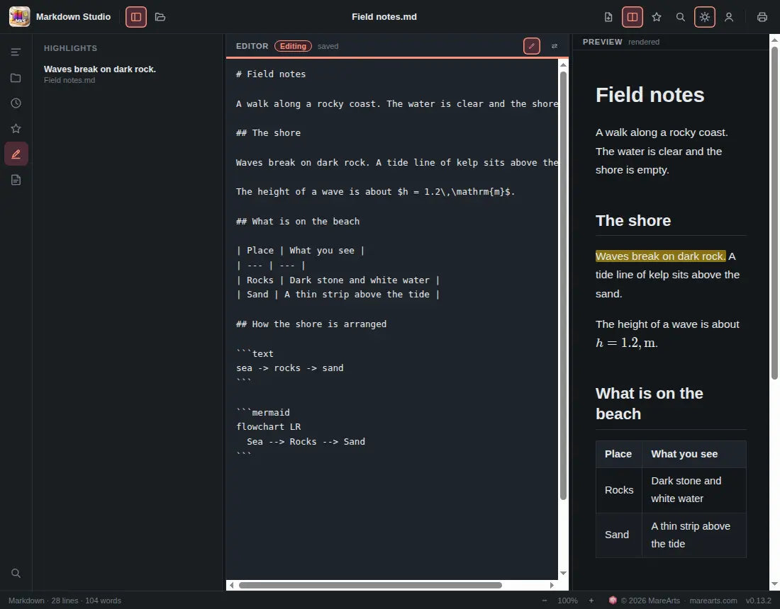 Markdown source marked Editing, beside the rendered preview