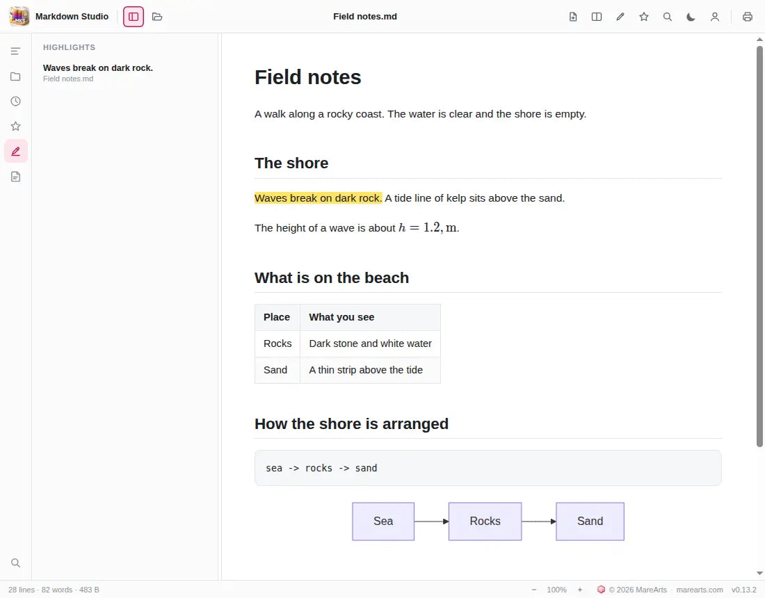 A field-notes document with a yellow highlight, a table, maths and a diagram