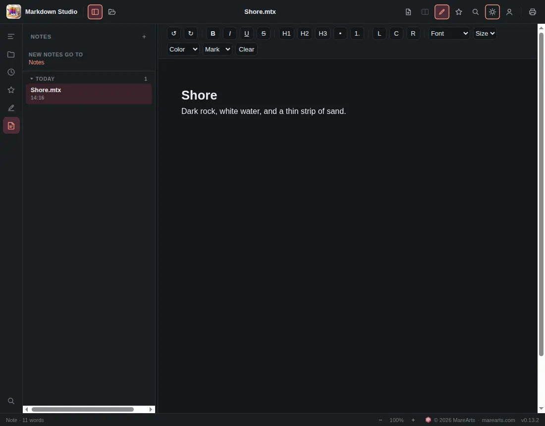 A note with formatting, and the notes list grouped under Today