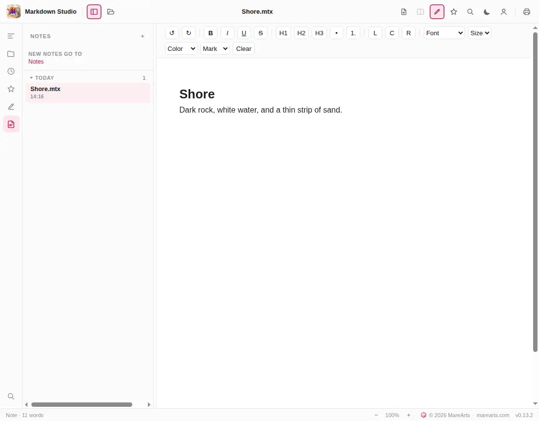 A note with formatting, and the notes list grouped under Today