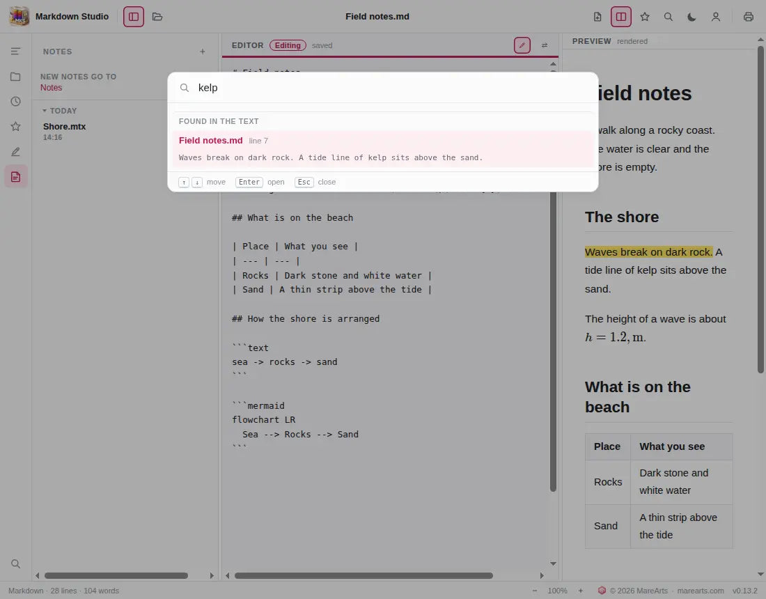 Search finding the word kelp inside a document, with the matching line