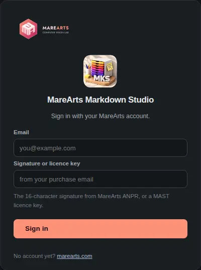 Sign-in card: email and the signature or licence key from the purchase mail