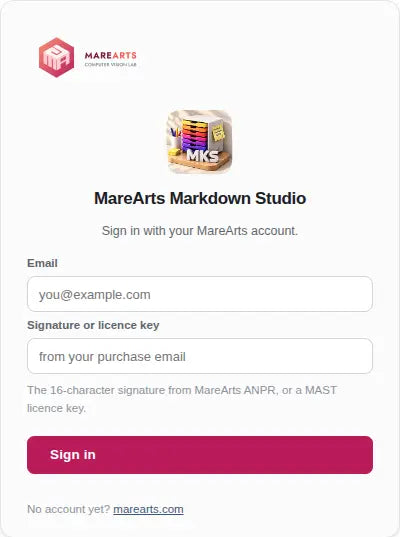 Sign-in card: email and the signature or licence key from the purchase mail