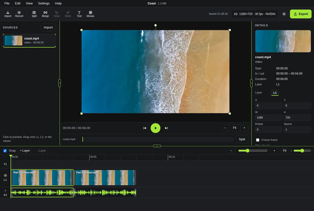 A coast clip split into two pieces on the timeline
