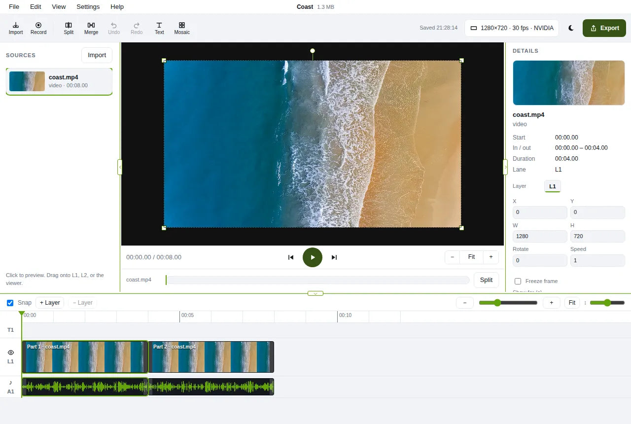 A coast clip split into two pieces on the timeline