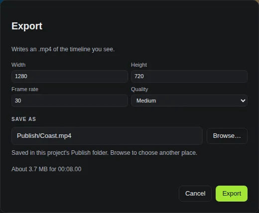 Export dialog: size, frame rate, quality, and a file in the project's Publish folder
