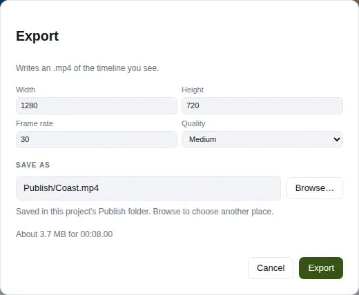 Export dialog: size, frame rate, quality, and a file in the project's Publish folder
