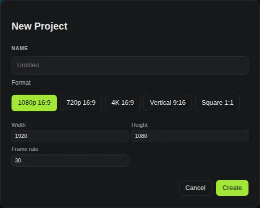 New Project: name, 1080p, 720p, 4K, vertical or square, and frame rate