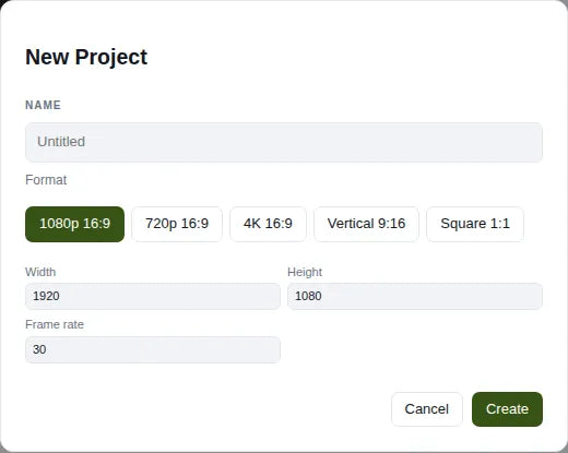 New Project: name, 1080p, 720p, 4K, vertical or square, and frame rate