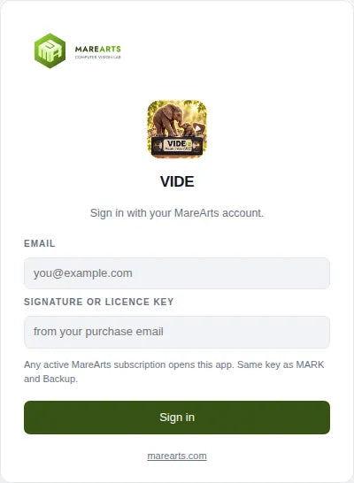 Sign-in card: email and the signature or licence key from the purchase mail