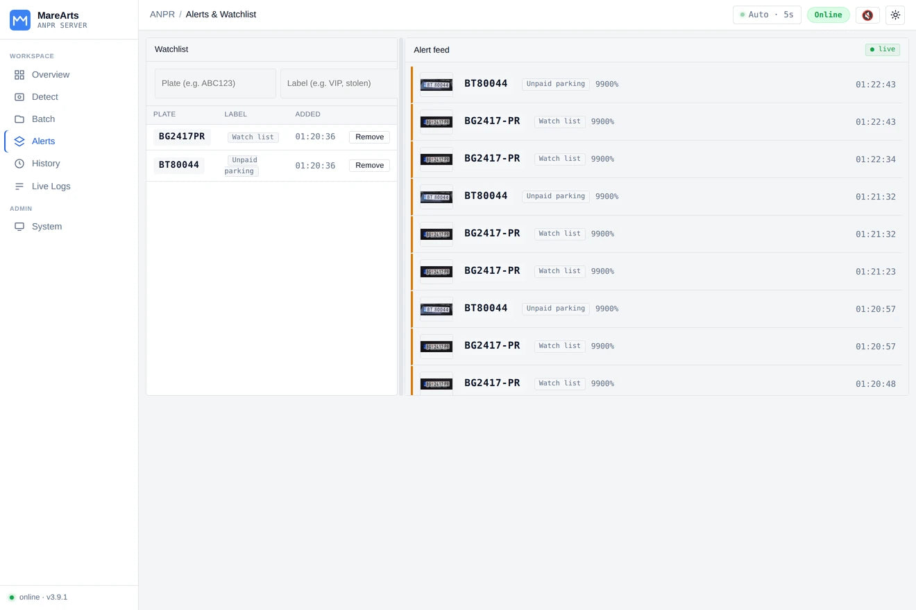 Alerts and watchlist: two plates on the watchlist and the hits