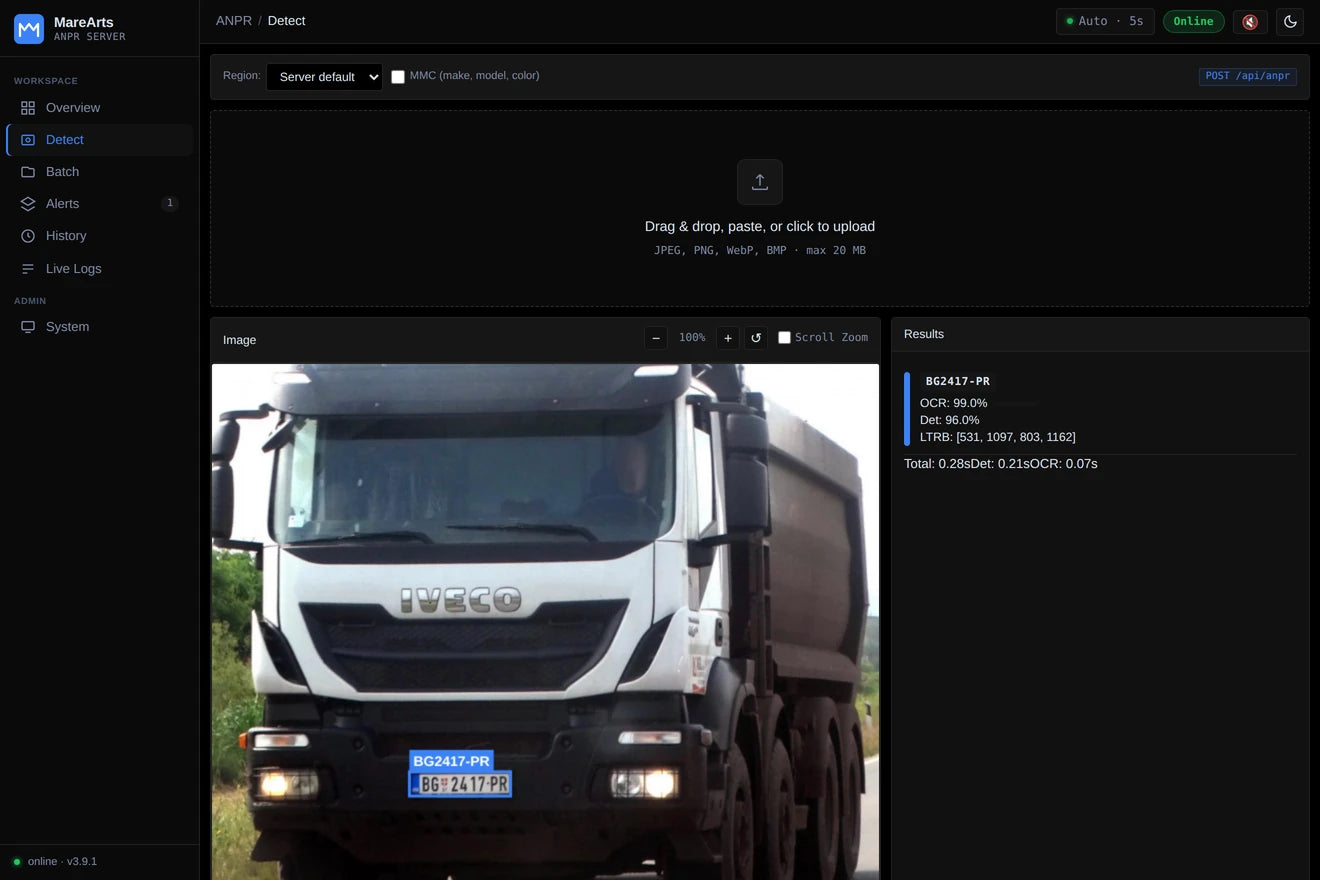 Detect page: one picture with the plate boxed and its reading