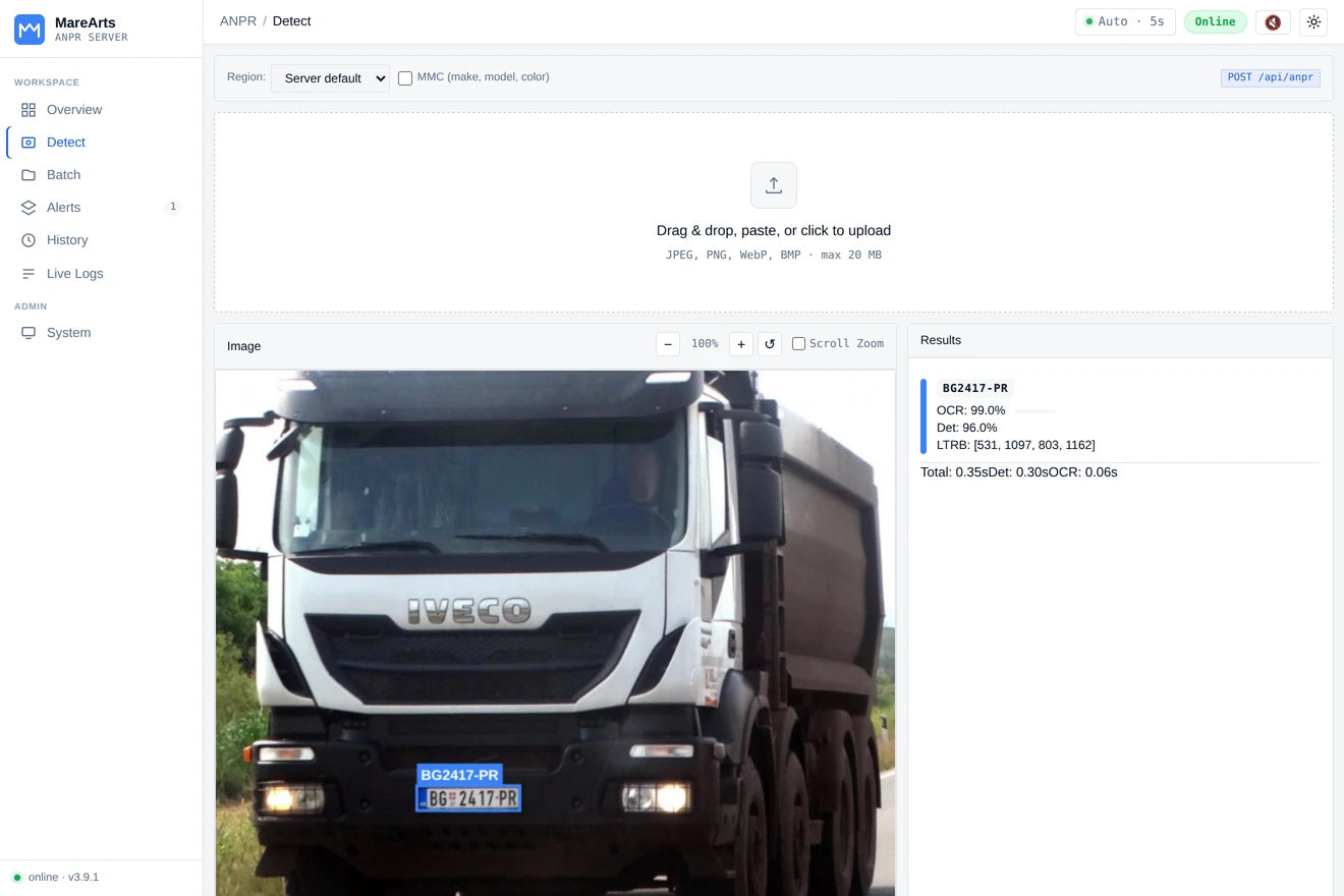 Detect page: one picture with the plate boxed and its reading