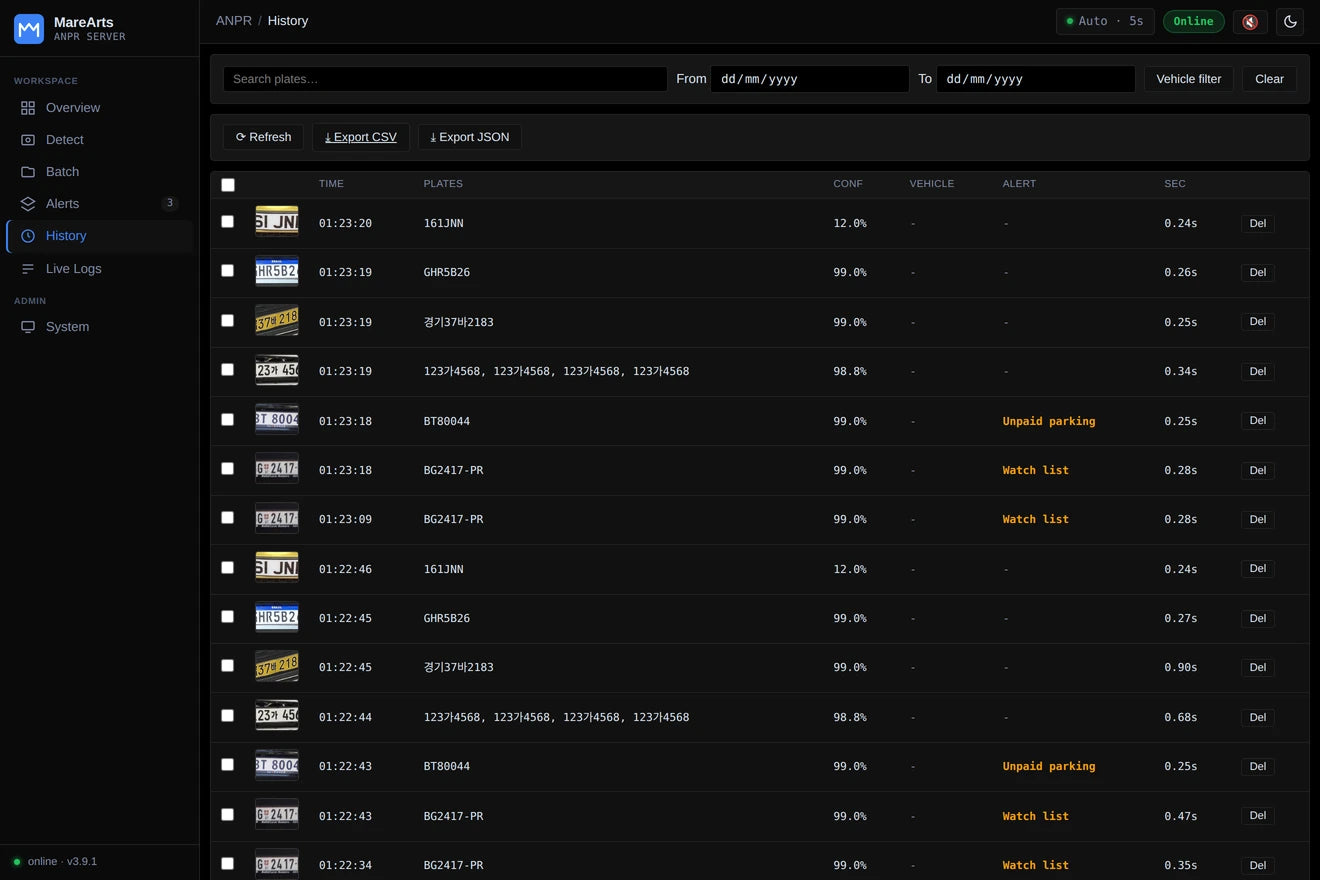 History: past reads with thumbnails, confidence and watchlist matches