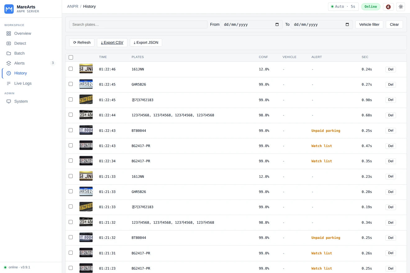 History: past reads with thumbnails, confidence and watchlist matches