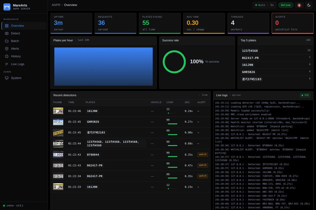 Server dashboard: requests, plates found, alerts, recent detections and live logs