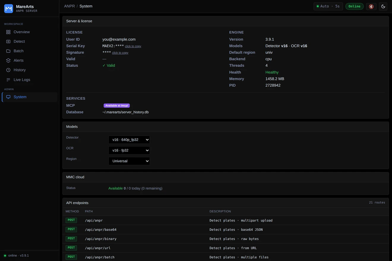 System: licence, engine, models, region and the API endpoints